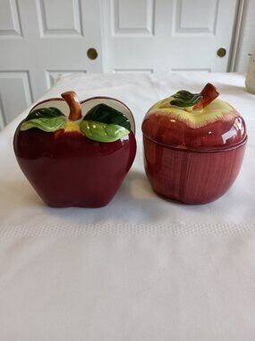 Ceramic Red Apple-Shaped Kitchenware Set, Napkin Holder and Small Canister